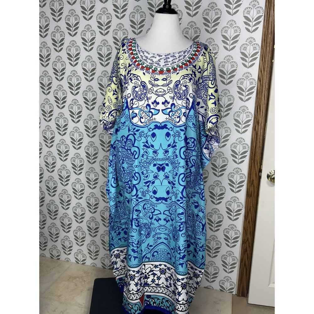 NEW Miss Lavish Muumuu Kaftan Dress L 10 12 Geometic Floral Mrs Roper Coverup